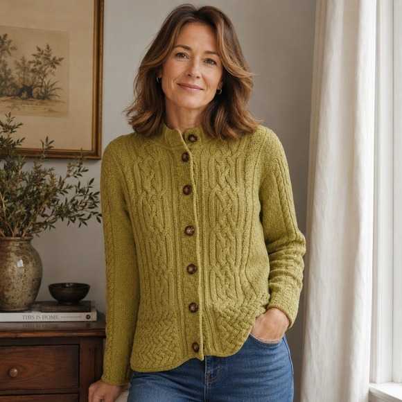 Talbots Sweaters - Vintage Talbots Cable Knit Cardigan Sweater Mock Neck Cotton Green Women's Large